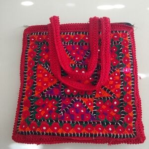 Made In India Ethnic Embroidered Red Crochet Bag Purse